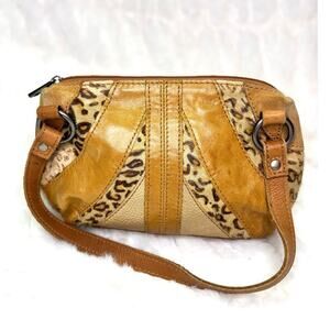Women's Fossil Tan Leopard Print Faux Fur & Leather Mini Baguette handbag